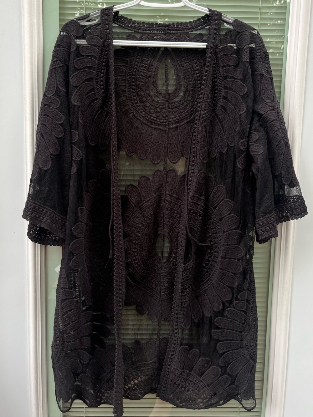 Black Boho Embroidered Lace Sheer Mesh Kimono Duster / Swim Beach Cover Up - Picture 4 of 8
